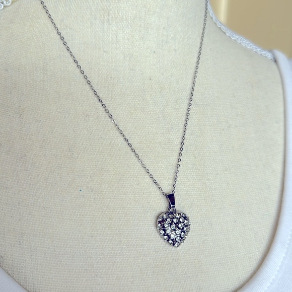 Romantic Silver Heart Pavé Rhinestone Pendant 18” Necklace - Picture 7 of 11